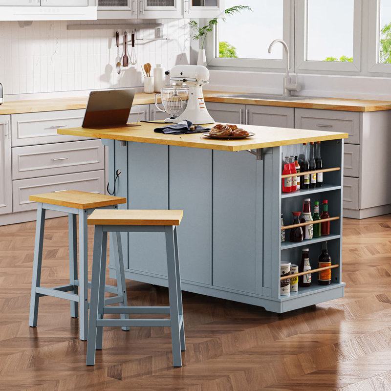 Grand îlot de cuisine avec 2 tabourets de bar, prise de courant, Bleu, H 36,4 po x l 53,14 po x P 29,52 po