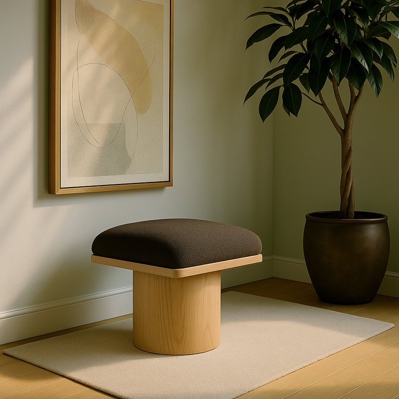 Tabouret de coiffeuse en bois massif Cniejo, Naturel, Tissu brun bouclé
