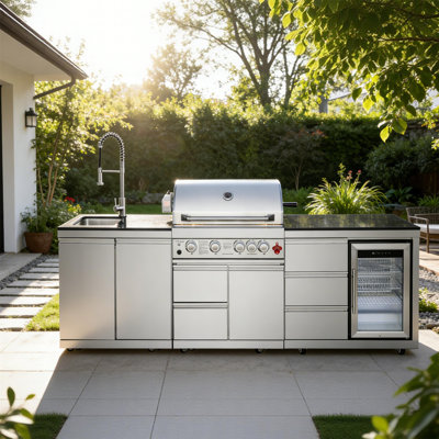 Îlot de cuisine extérieur 102,4 po, barbecue au propane à 5 brûleurs, 59 500 Btu, réfrigérateur et évier intégrés, acier inoxydable 304, comptoir en marbre, station de barbecue tout-en-un pour la terrasse de la cour arrière (argent)