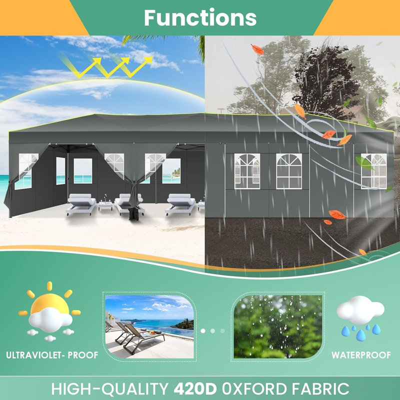 10'Wx30'D Pop Up Canopy, One Push Setup Glow Party Tent, Grey