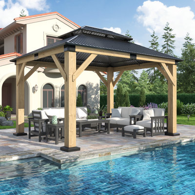 Outdoor Spruce Wood Gazebo with Galvanized Steel Hardtop, Permanent Wooden Frame Gazebo with Durable Structure