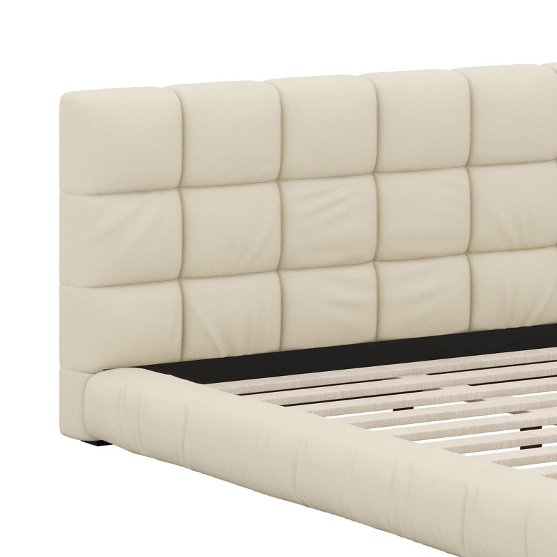 Structure de lit tapissier plateforme en velours avec tête de lit capitonnée Channel, Beige, Queen