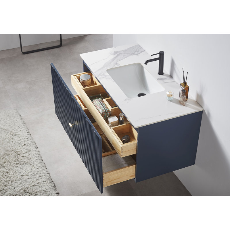 Meuble-lavabo simple 42 po avec plateau en pierre reconstituée Jamell, Bleu très foncé, Blanc