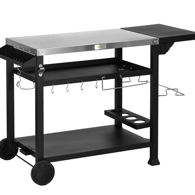 Chariot de travail pour barbecue extérieur, 117 cm x 55 cm, acier inoxydable, table d'appoint pliable, chariot noir avec tablette, poste de préparation.
