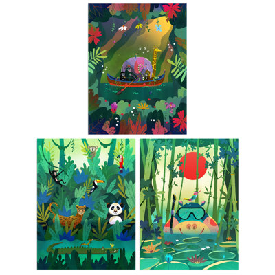 Kids Bedroom Jungle Adventure Rain Forest Animals Colourful - 3 Piece No Frame Print Set