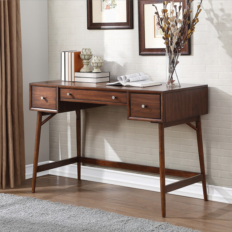 Bureau de style moderne à hauteur de comptoir avec tiroirs de rangement à finition brune et quincaillerie à poignée en nickel
