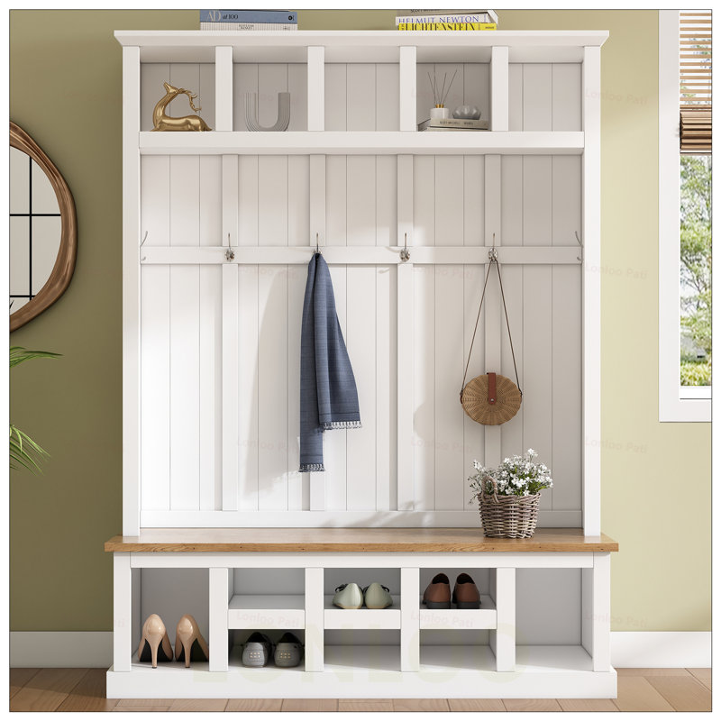 Farmhouse Wooden Style Hall Tree with Wide Storage Seating Bench, Entryway Shoe Cabinet with 13 Compartments, Elegant Coat Rack with 6 Hooks for Mudroom, Living Room