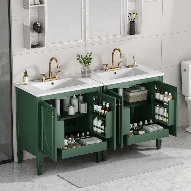 Ensemble de meuble-lavabo 60 po noir avec lavabo double en céramique, portes à fermeture douce et rangement pour tiroir 60 po