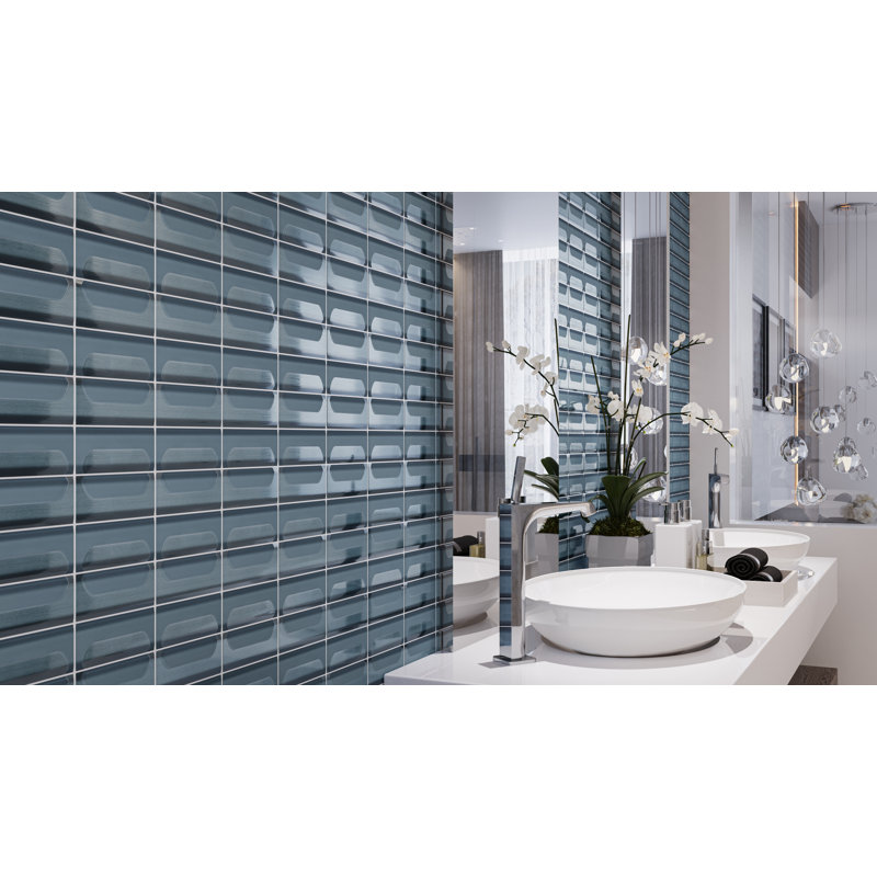 Neramos 2" x 6" Glass Grid Mosaic Wall Tile, Dark Blue