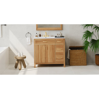 Meuble-lavabo de 36 po en bois avec cadre en bois massif, 2 portes à fermeture douce, 3 tiroirs à fermeture douce, tablette réglable, armoire de rangement moderne pour les petites salles de bain