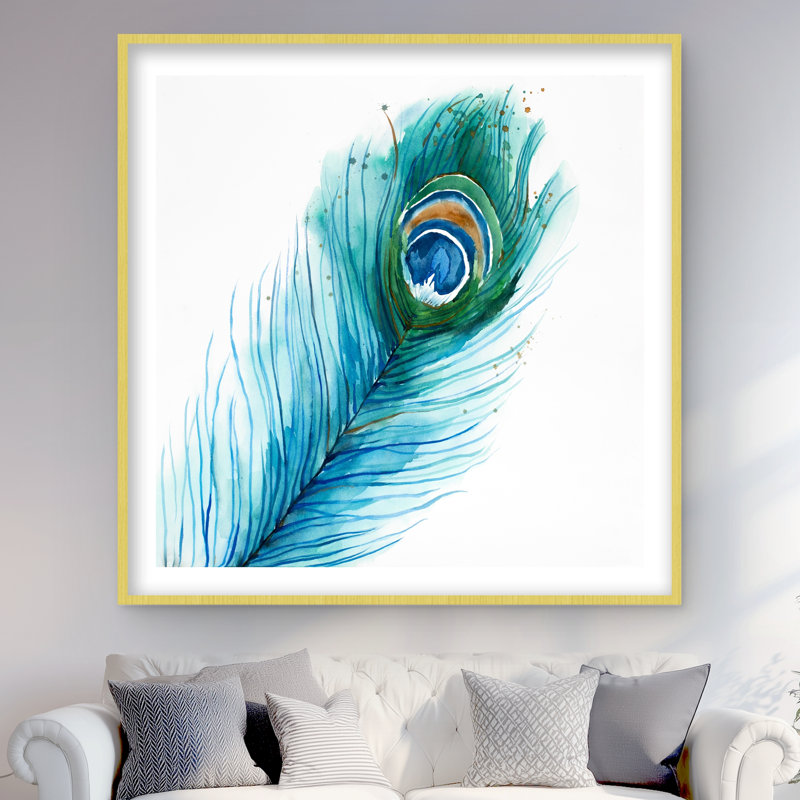 Longue plume de paon - reproduction encadrée mate pour la décoration intérieure, H 48 po x l 48 po, Doré