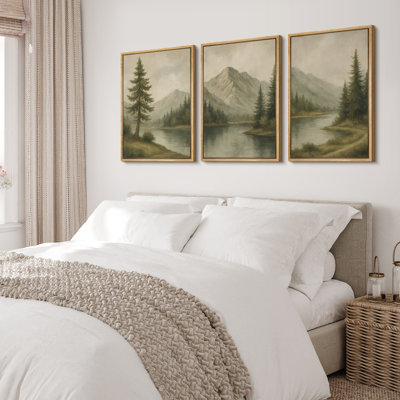 «Tranquil Mountain Lake Evergreen Landscape», reproduction d'art sur toile encadrée, 3 pièces