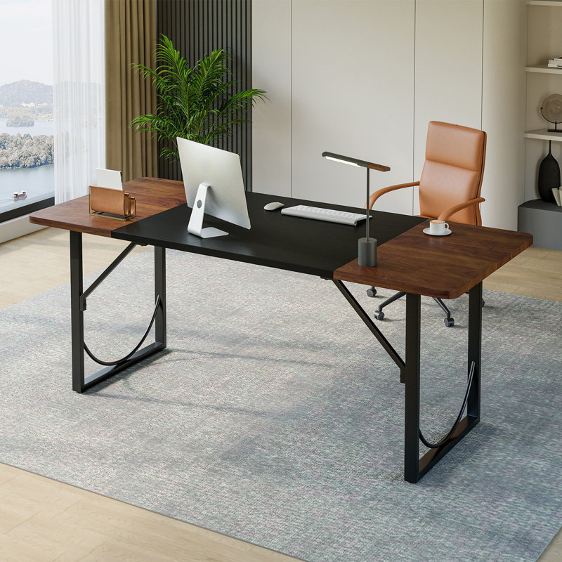 63" Office Desk Lager Computer Desk with Headphone Hooks and Metal Frame for Home Office, Brown/Black