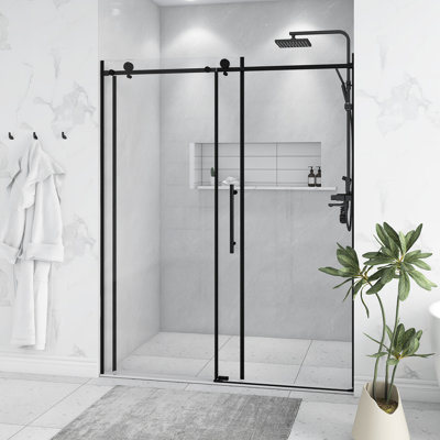 56-60" W * 76" H Matte Black Stainless Steel Round Tube Frameless Single Sliding Shower Door, 1/4"-thick (6mm) SGCC Clear Tempered Glass Door, Reversible Installation