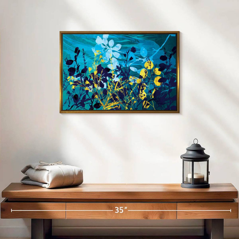 Gold And Blue Landscape Foliage, 19" X 13", Floating Frame Gold