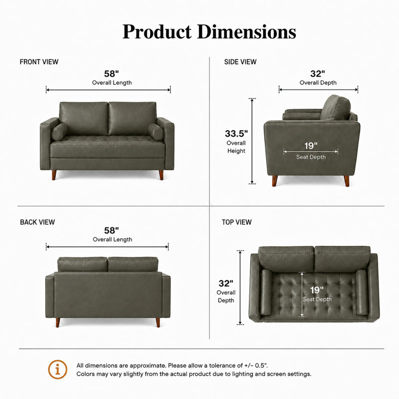 Canapé à accoudoirs carrés en cuir Bridgeview, H 33 po x l 58 po x P 32 po, Cuir végétalien gris