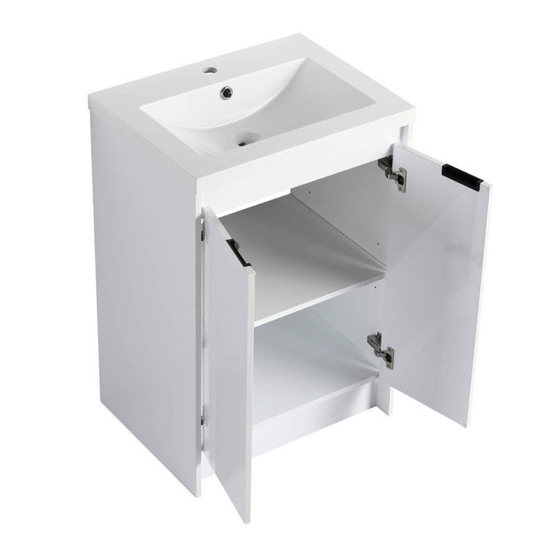 Meuble-lavabo autoportant blanc brillant avec lavabo en résine de 24 po, fonctionnalité esthétique moderne, style et fonction à fermeture silencieuse,