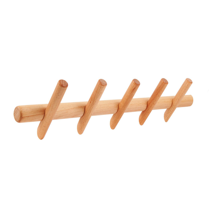 Natural Wood Wall Mounted Coat and Hat Rack with 5 Peg Hooks