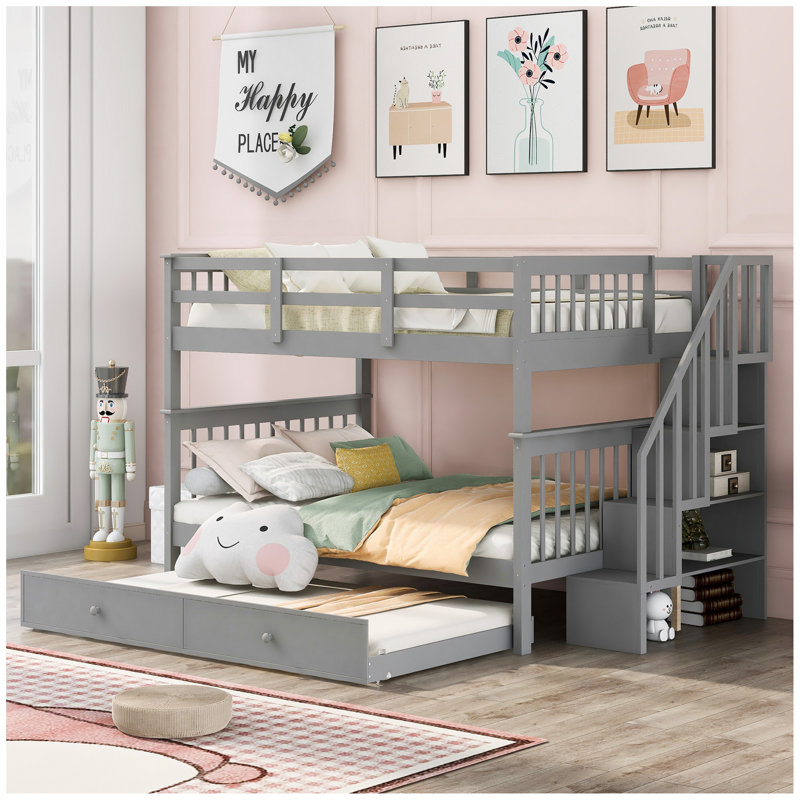Lit superposé double avec lit gigogne, rangement et barrière de sécurité pour chambre à coucher, dortoir Stairway, Gris