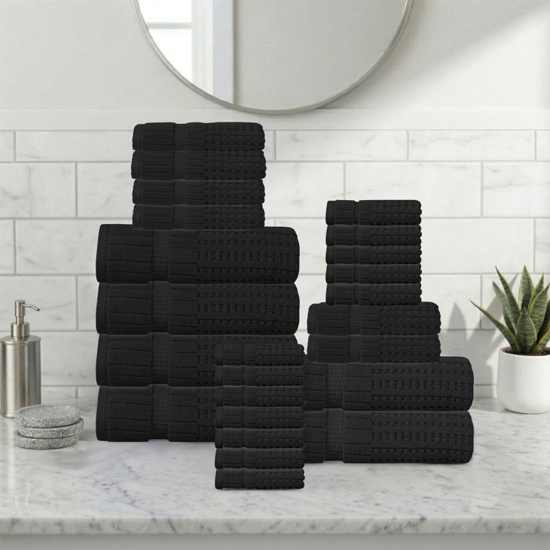Ensemble de serviettes 24 pièces Willow - 100% coton peigné, qualité supérieure 630 g / m², noir, ultra doux et très absorbant (ensemble de 6 serviettes de bain, 6 essuie-mains, 12 serviettes)