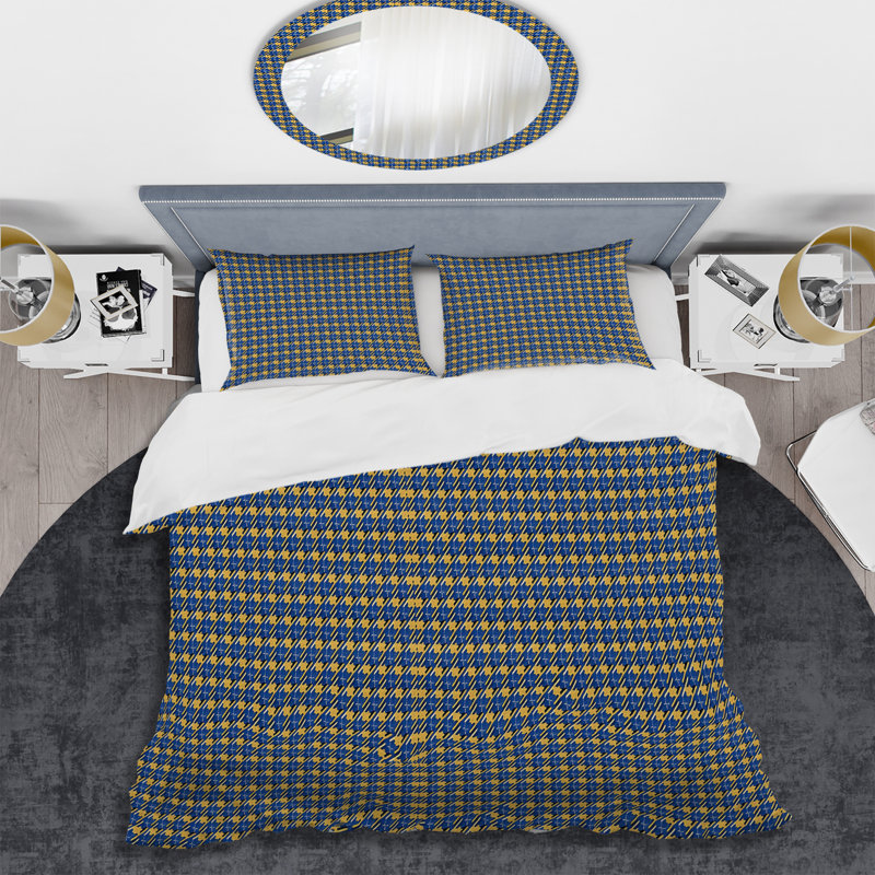 Ensemble de housse de couette moderne bleu et jaune Houndstooth I, Housse de couette très grand et 2 très grandes t