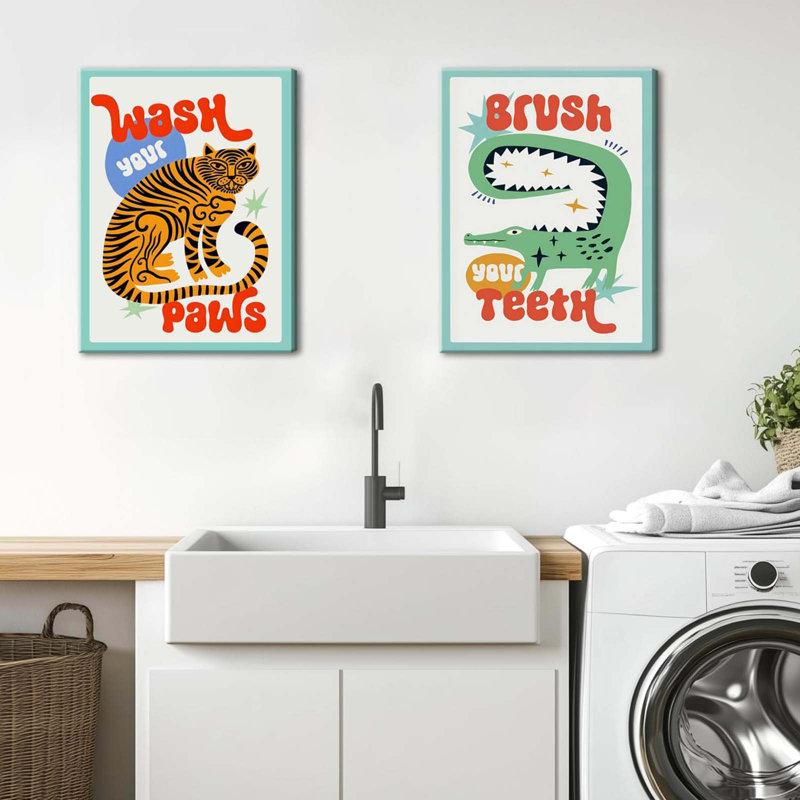 Funny Kids Bathroom Wall Art, Cute Animal Bathroom Wall Decor Paintings, Eclectic Tiger Wash Your Paws Sign Poster Canvas Prints For Toilet Restroom Framed Inch