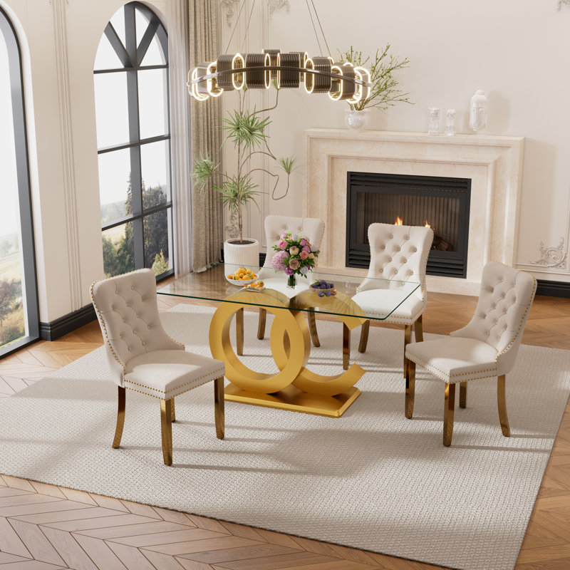 Khaleil 4 - Person Pedestal Dining Set, Beige, 5