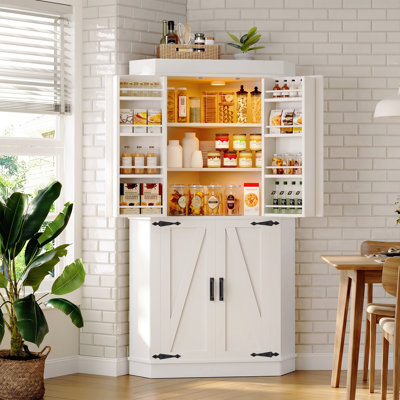 71" White Corner Pantry | Farmhouse Style, 4-Door Kitchen Storage