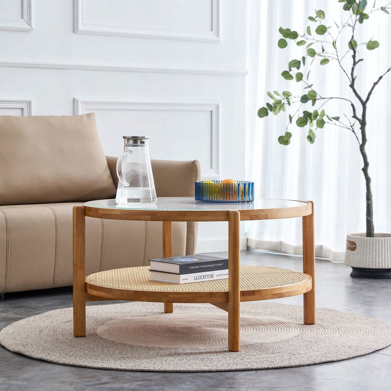 Table à thé circulaire moderne à double couche avec motif tissé en rotin