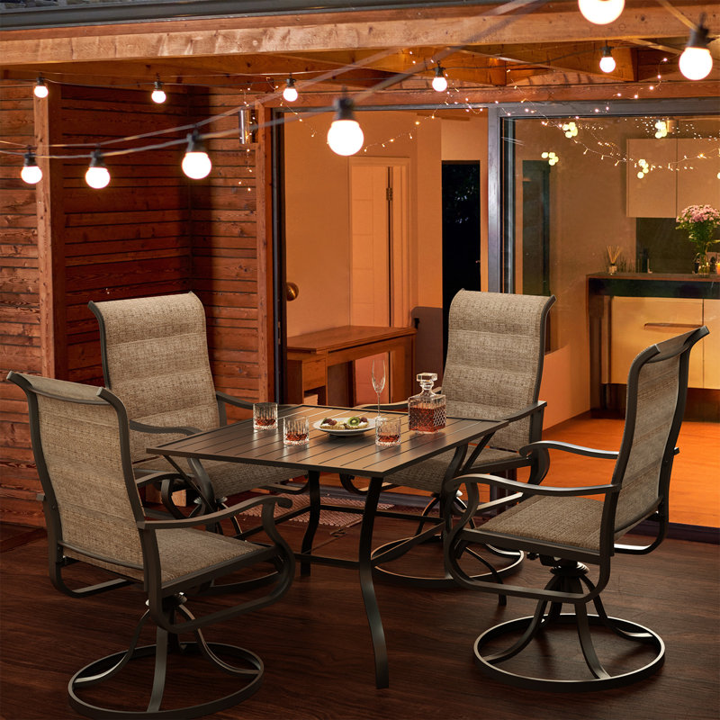 Ensembles de salle à manger pivotants d'extérieur 5 pièces, chaises de patio à cadre en métal rotatif à 360 ° avec tissu Teslin épaissi, chaises de salle à manger d'extérieur avec accoudoirs pour terrasse et cour arrière