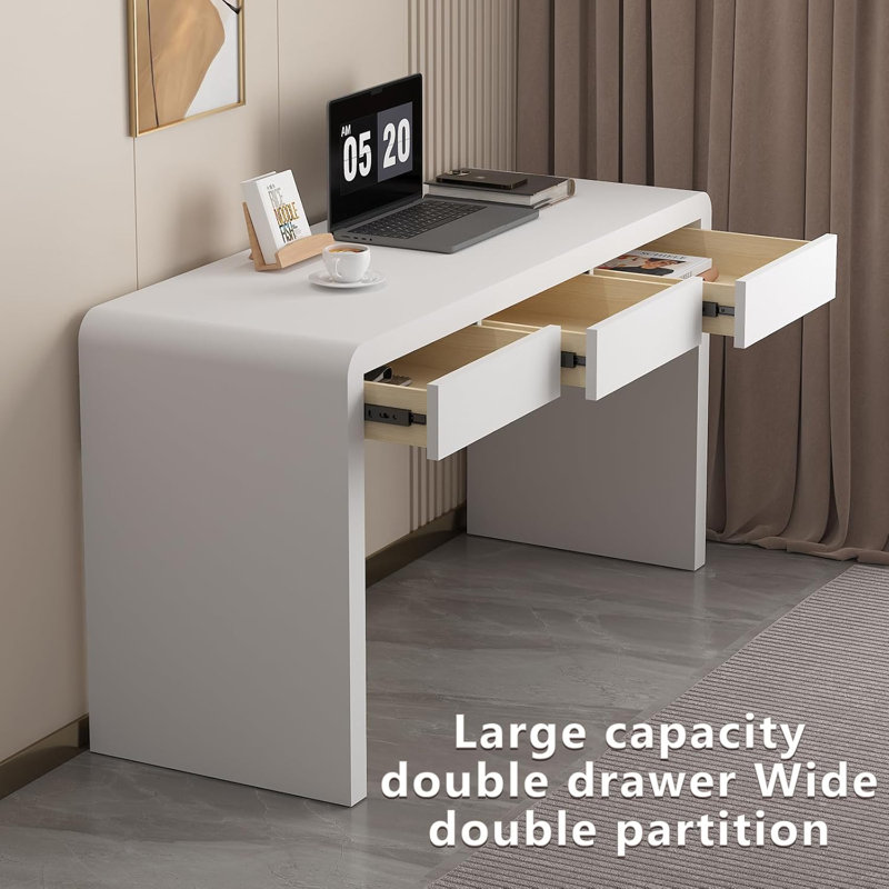 Executive Desk with Drawers, White Computer Desk with Drawers with Three-Layer Lacquered Thick Wooden Board, 55 inch Modern Home Office Desk for Study, Living Room, Bedroom
