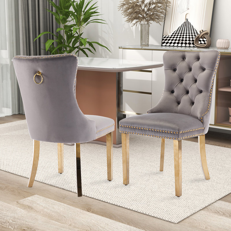 Geddy 20'' H Tufted Velvet Upholstered Side Chair, Gold, Gray