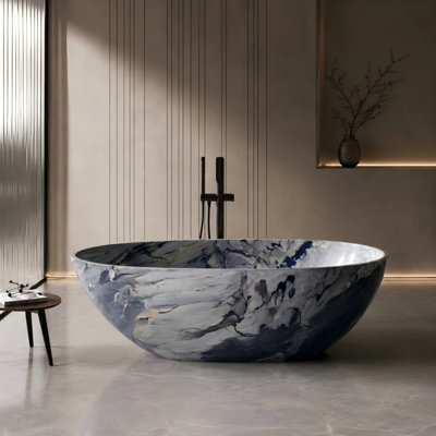 Baignoire autoportante 59 po en pierre de résine en forme d'œuf avec veines de marbre de style encre, baignoire de trempage à surface solide avec dossier ergonomique et conception antidérapante TL1005-59MV