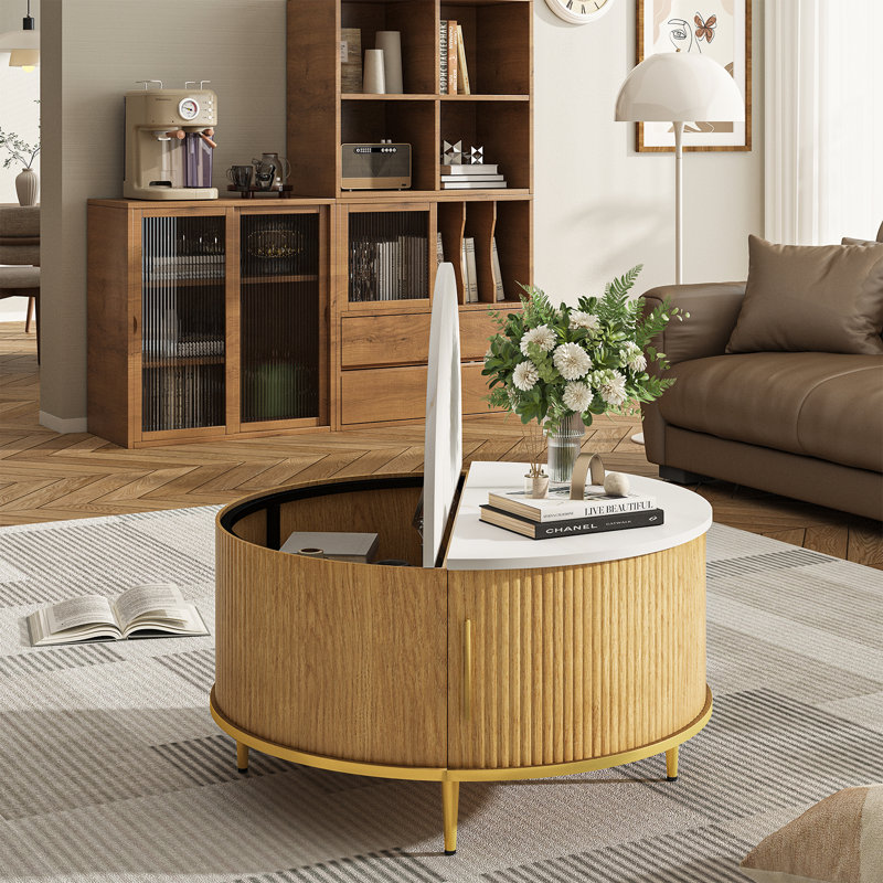31.5" Modern Round Coffee Table With Hidden Storage: Flip-top Lid & Sliding Doors, White/Natural, Gold
