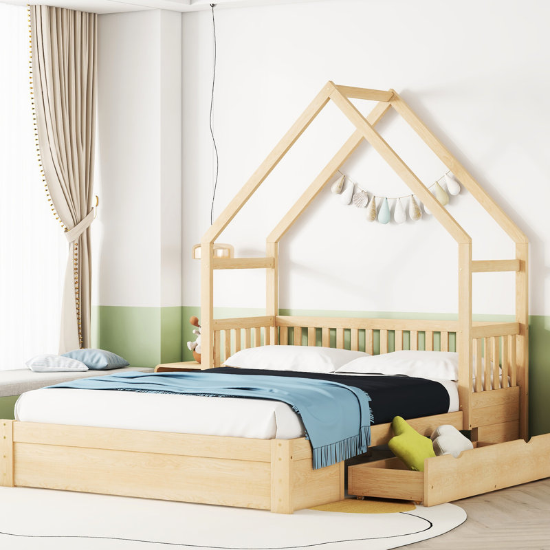 Grand lit plateforme en bois naturel avec garde-corps et 2 tiroirs spacieux, Naturel