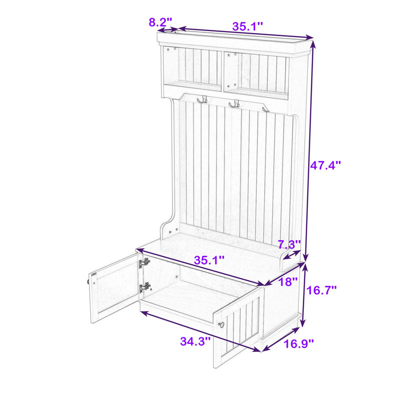 Modern Hall Tree with Hooks, Shoe Bench, Storage Cabinet and Display Shelves, Black