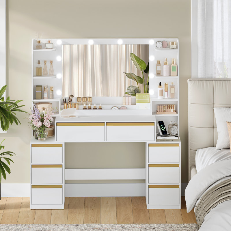 135 cm Dressing Table with Mirror, Vanity Desk with 10 LED Lights, Adjustable 3-Colour LED Lights, Makeup Desk with Plug, Hairdryer Holder, 8 Drawers, Open Storage Spaces 