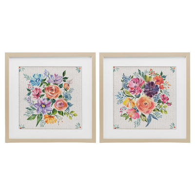 Ensemble de 2 impressions encadrées sous verre Vintage Floral Motif, par Jenny Faw