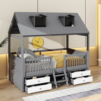 Wooden Bed Frame Embodying A House-Inspired Aesthetic