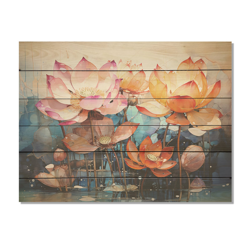 Fleurs de lotus fauves - art mural sur bois de pin naturel, H 10 po x l 20 po
