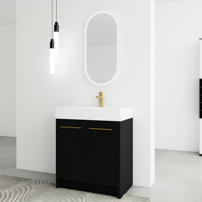 Lavabo de salle de bain autoportant en résine de 30 pouces, porte à fermeture silencieuse et moderne, châtaignier noir, beaucoup de rangement, unité de contreplaqué 30 po avec lavabo et saveur tendance, facteur de rangement suffisant,