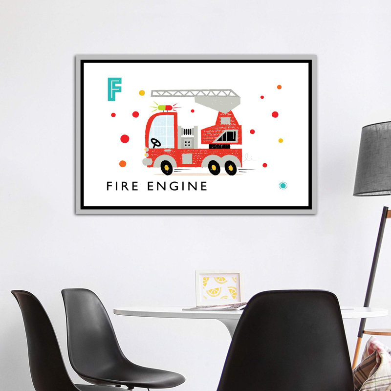 F Is for Fire Engine - impression d'art graphique, H 40 po x l 60 po x 1,5 po, Pas de tapis, Toile avec cadre argenté