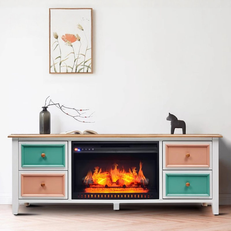 Meuble télé American Country Fireplace, Blanc / vert / rose
