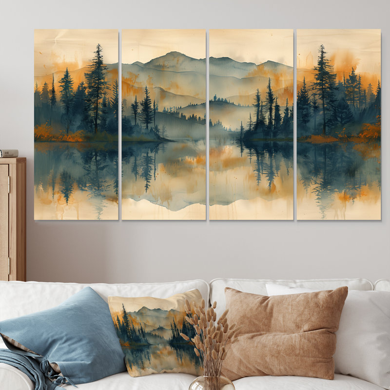 Vert et jaune lever de soleil brouillard dans la forêt II - ensemble de décoration murale forêt, H 28 po x l 48 po