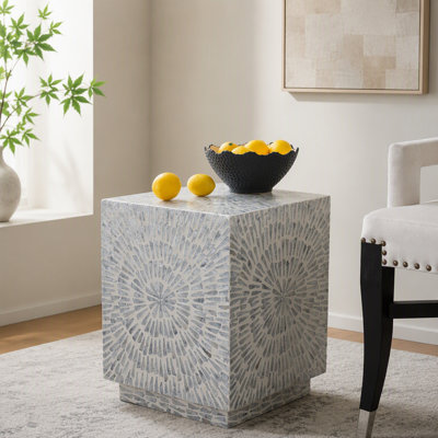 Tabouret d'appoint carré gris incrusté de nacre de Capiz avec motif en étoile