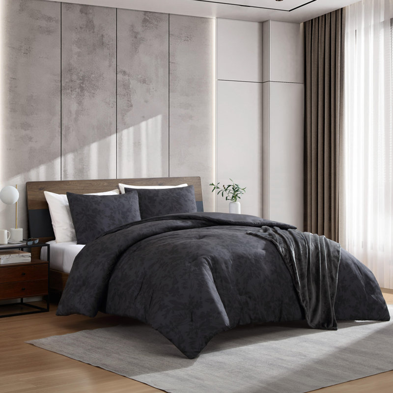 Kenneth Cole Silhouette Floral Charcoal Comforter Bonus Set, King Comforter + 2 King Shams