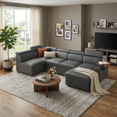 113'' Modern Leather Like Sectional Sofa Couch With Pull Out Bed With Storage & Rotating Side Table