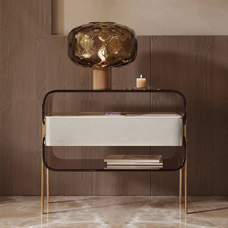Modern Lighted Brown Nightstand With Wireless Charging Station Acrylic Bedside Table