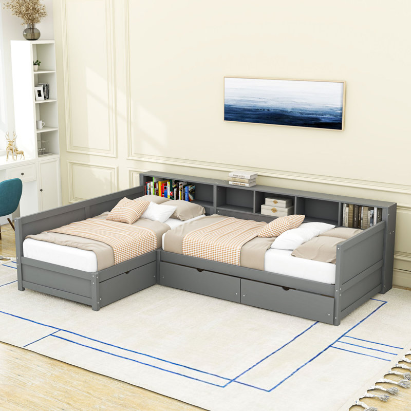 Lit de jour simple avec tiroirs de rangement et bibliothèque, Gris