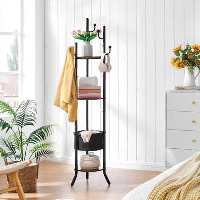 Portemanteau rond avec 3 tablettes en bois et 1 panier en tissu, portemanteau en métal avec 5 crochets, portemanteau pour vêtements, chapeaux, sacs, brun et noir